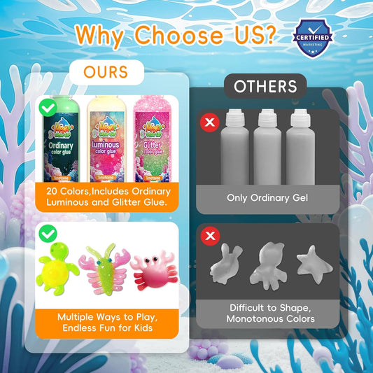 🎉Grand Opening – 50% Off!⏰️ Magic Water Elf Toy Kit for Kids – 20 Gels (11 Standard + 6 Glitter + 3 Glow) & 10 Molds, DIY Squishy Maker, Aqua Fairy Gel Toys, Night Glow & Glitter, Valentine Gifts for Boys & Girls 3+