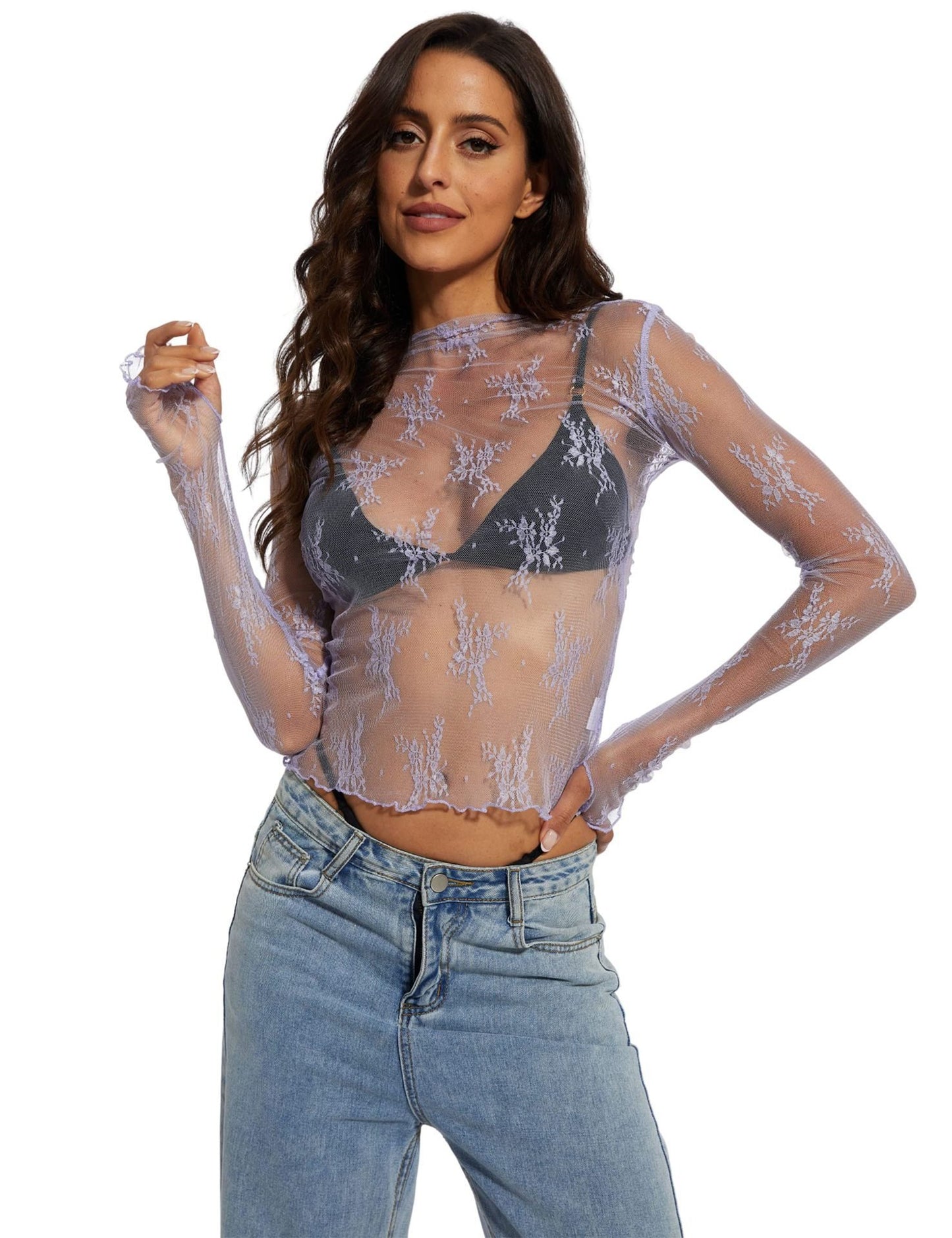 🔥LAST 4 HOURS 57% OFF -💥Women's Floral Lace Thumb Hole Sheer Tee