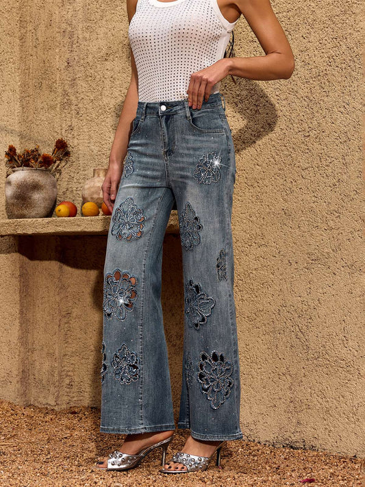 Cheta Flower Rhinestone Straight Jeans