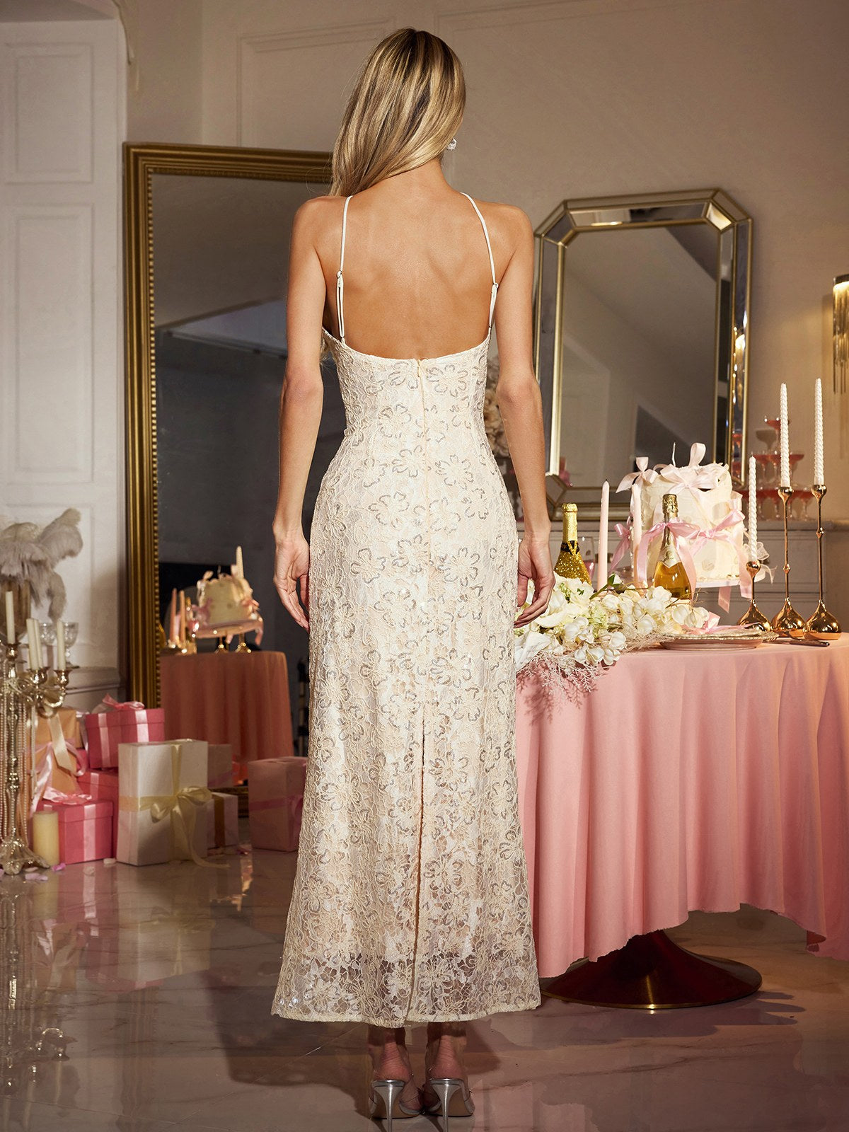 Eryxra Halterneck Floral Lace Maxi Dress