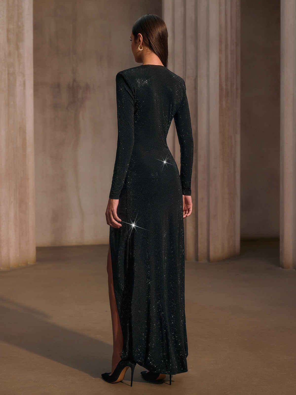 Sazra Plunge Neck Split Rhinestone Maxi Dress