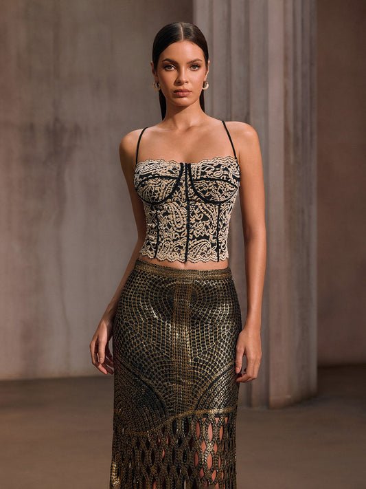 Zavixor Spaghetti Lace Corset Crop Top