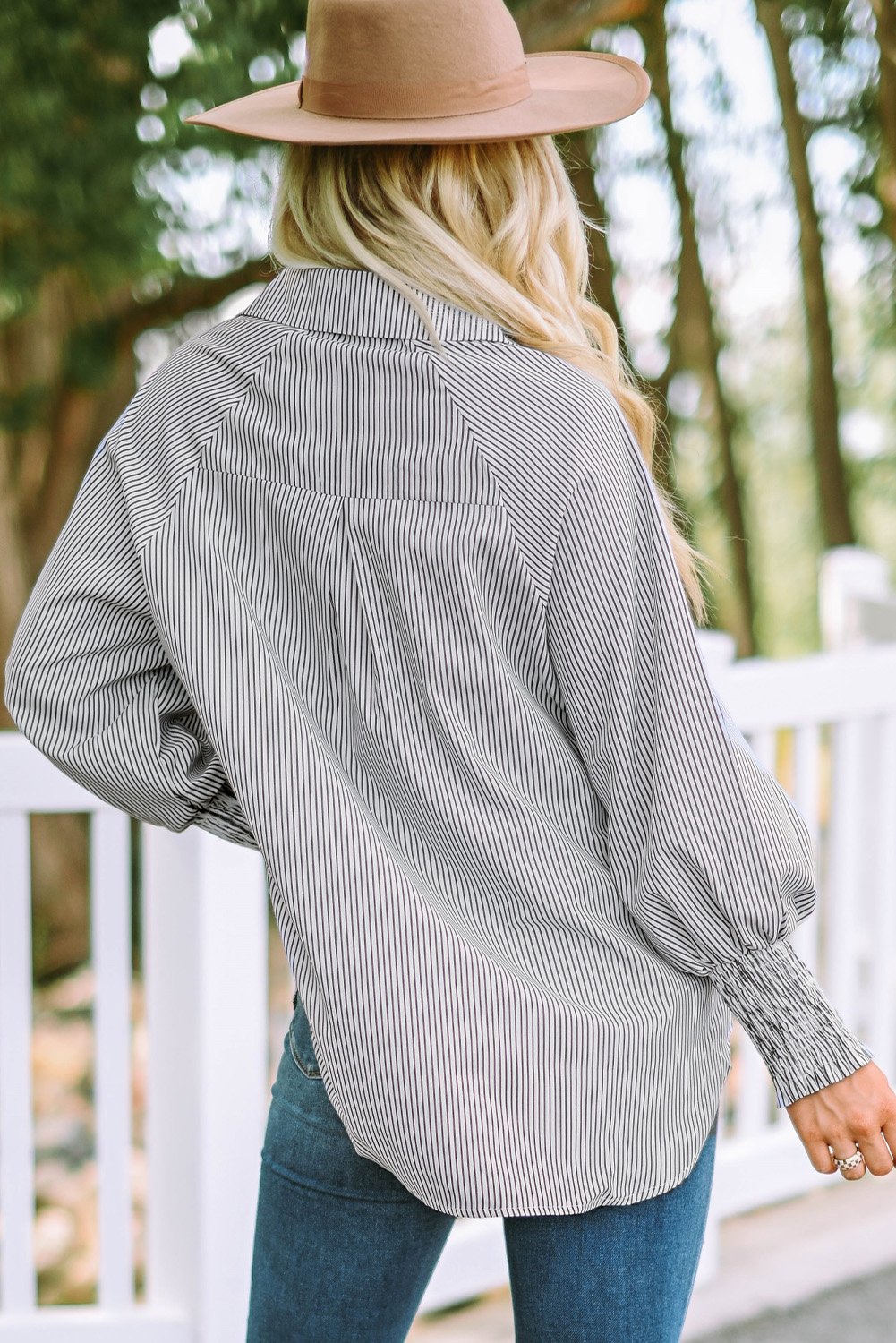 🔥LAST DAY 57% OFF - 🏆️Mid-length smocked shirt with striped lapel and oversized drawdown sleeves