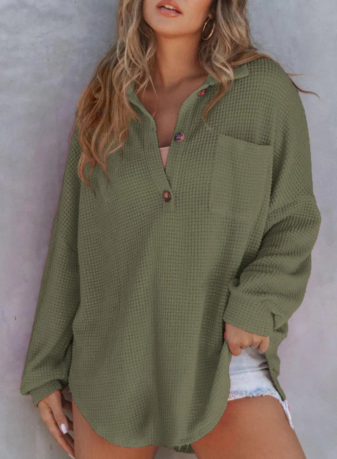 🔥LAST 4 HOURS 57% OFF -🔥Women's Waffle Knit Henley Button Shirt Jacket(BUY 2 FREE SHIPPING)