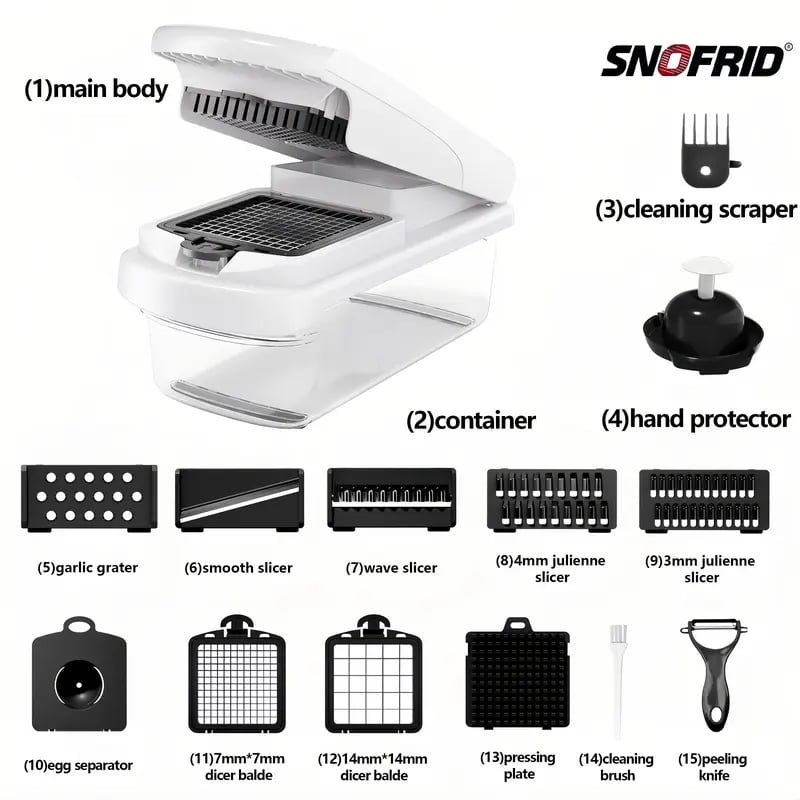 🥕15-in-1 Multifunctional Vegetable Chopper | Durable ABS & Stainless Steel | Includes Peeler, Julienne Slicers, Egg Separator & Cleaning Tools