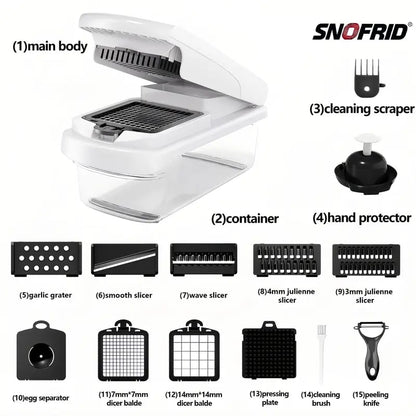 🥕15-in-1 Multifunctional Vegetable Chopper | Durable ABS & Stainless Steel | Includes Peeler, Julienne Slicers, Egg Separator & Cleaning Tools