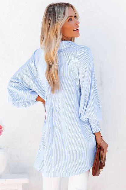 ✨This Week's Special Price $49.99💥Mid-length smocked shirt with striped lapel and oversized drawdown sleeves