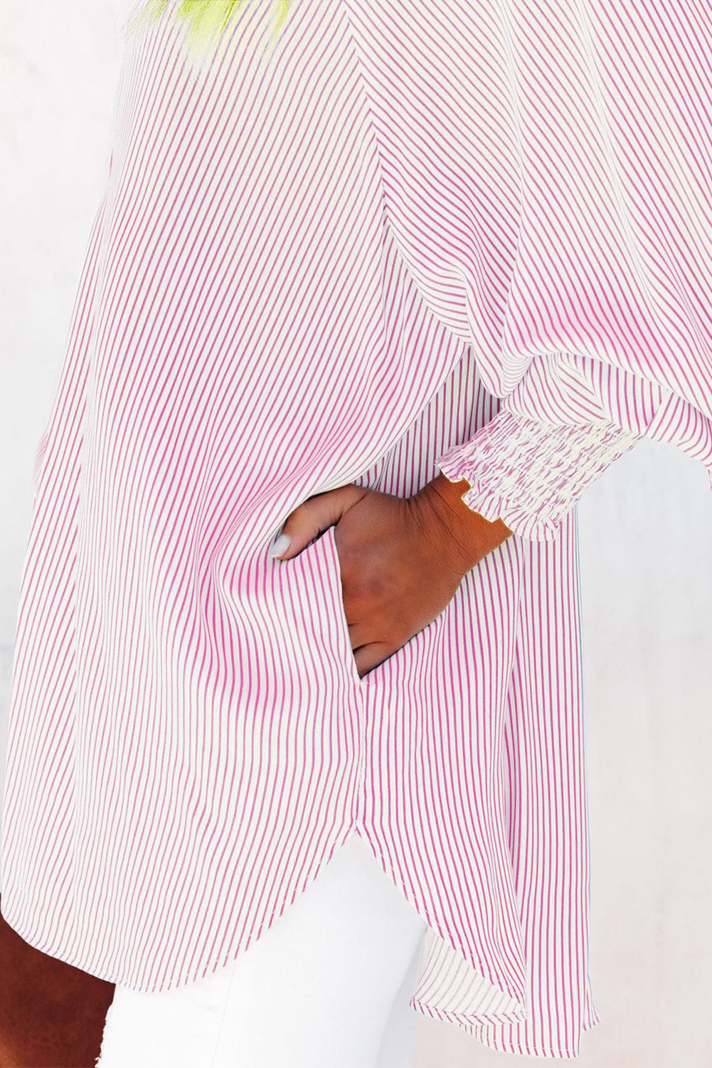 🔥LAST DAY 57% OFF - 🏆️Mid-length smocked shirt with striped lapel and oversized drawdown sleeves