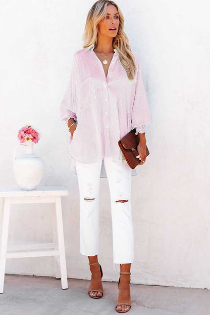 🔥LAST DAY 57% OFF - 🏆️Mid-length smocked shirt with striped lapel and oversized drawdown sleeves