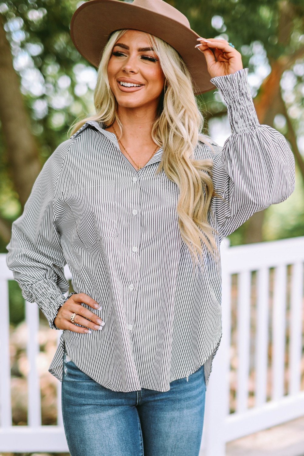 ✨This Week's Special Price $49.99💥Mid-length smocked shirt with striped lapel and oversized drawdown sleeves