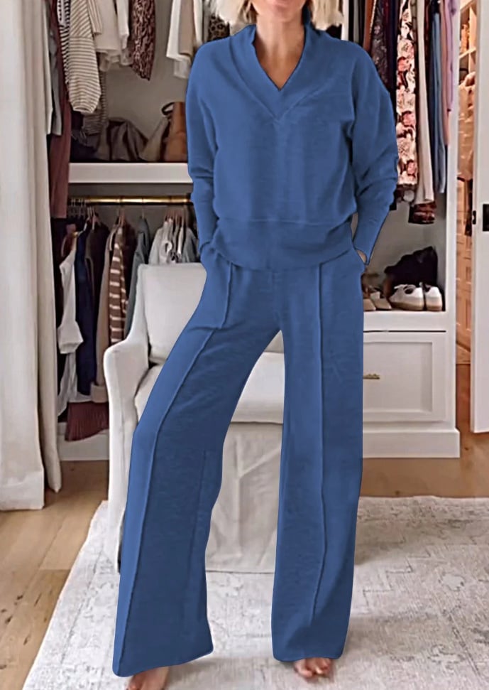 Women's Solid Color V-neck Top & Pants Two-piece Set (🔥Same as in the video)