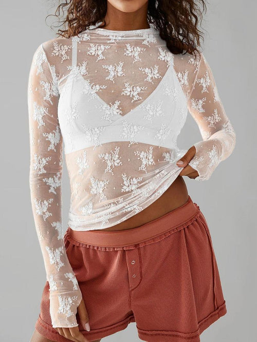 🔥LAST 4 HOURS 57% OFF -💥Women's Floral Lace Thumb Hole Sheer Tee