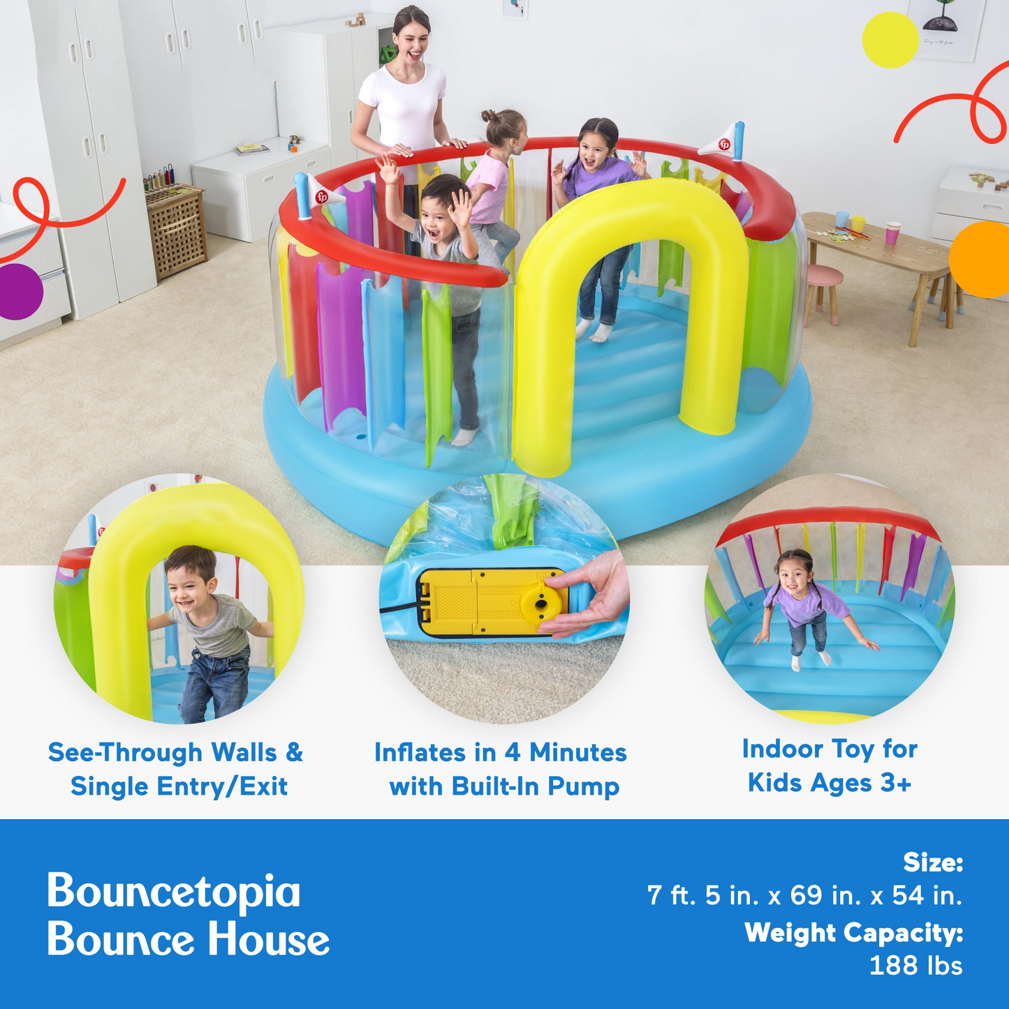 🎉Grand Opening – 50% Off!⏰️  Bestway Bouncetopia Multi-Color Child PVC Bouncer with Built-in Pump