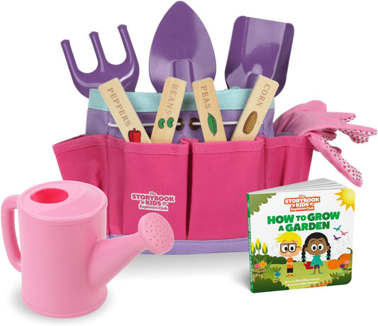 Matching Board Book - Green Kids Gardening Tools Set Includes Sturdy Tote Bag, Watering Can, Shovel, Rake, and Trowel - Garden Storybook - Kids Garden Tools- Easter Gifts for Toddler Age on up.