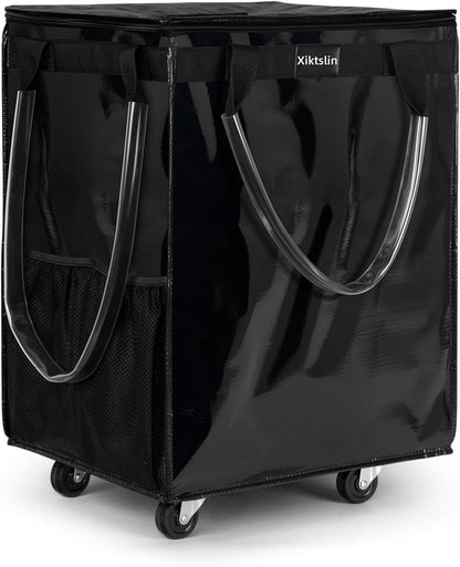 72L Foldable Grocery Bag on 4 Wheels – Heavy Duty 76lbs Capacity Rolling Tote with 360° Swivel Wheels & Water-Resistant Top