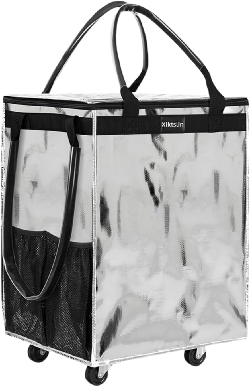 72L Foldable Grocery Bag on 4 Wheels – Heavy Duty 76lbs Capacity Rolling Tote with 360° Swivel Wheels & Water-Resistant Top