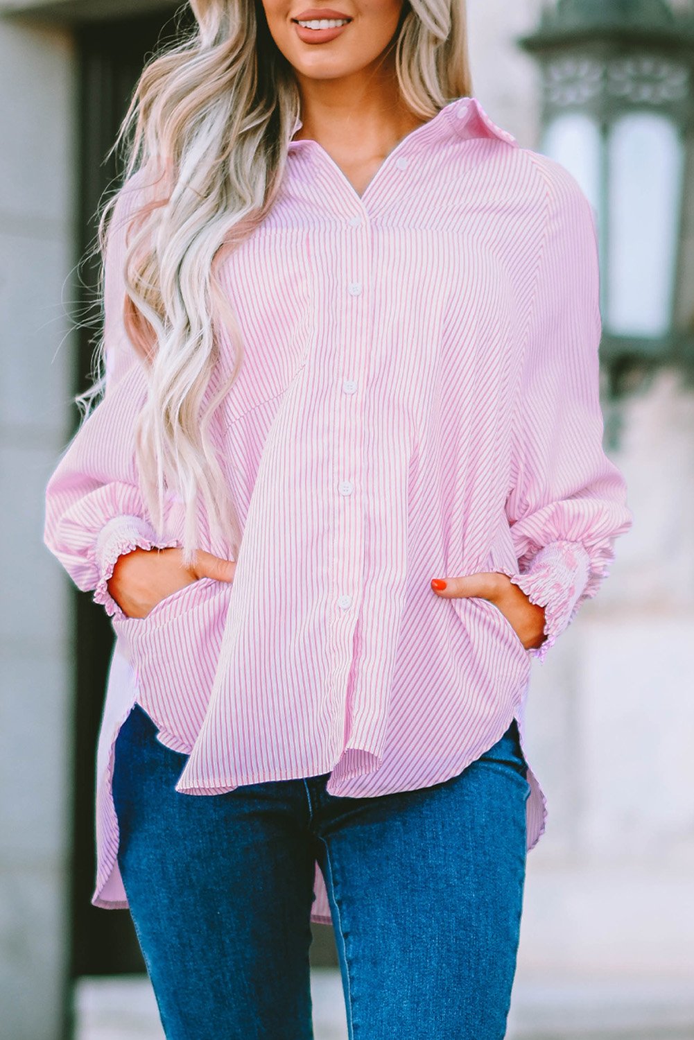 🔥LAST DAY 57% OFF - 🏆️Mid-length smocked shirt with striped lapel and oversized drawdown sleeves