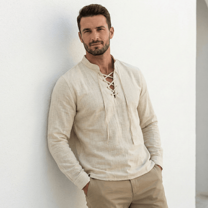 🔥Men's Vintage V-neck T-shirt Linen Pirate Medieval Viking Gothic Tops Shirts Long Sleeved