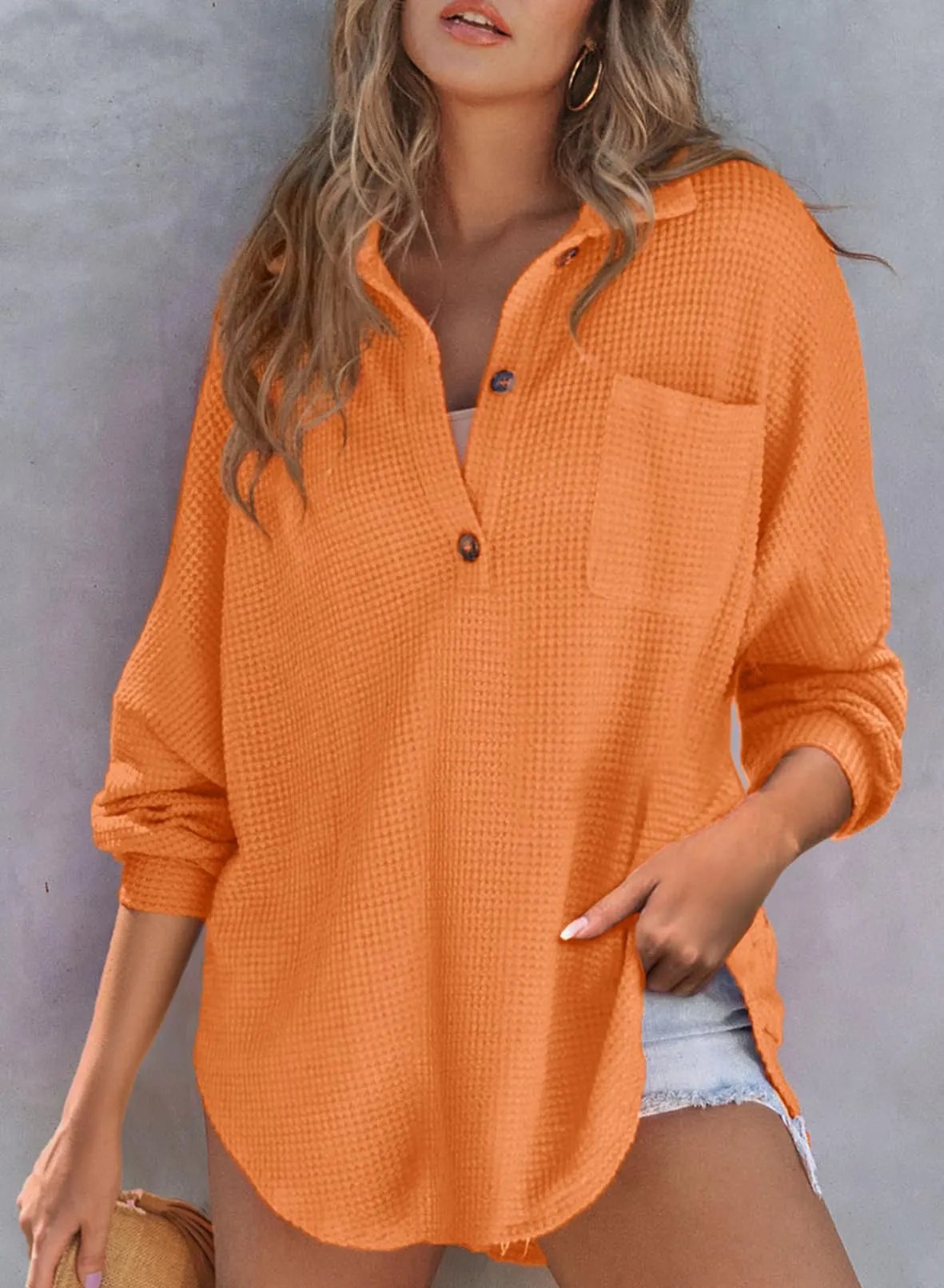 🔥LAST 4 HOURS 57% OFF -🔥Women's Waffle Knit Henley Button Shirt Jacket(BUY 2 FREE SHIPPING)