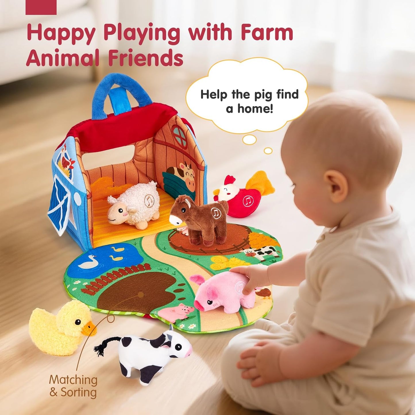 🎉Grand Opening – 50% Off!⏰️ 🐄 Baby Sensory Surprise Barn | Montessori Farm Toys with Real Sounds for 6–12 Months