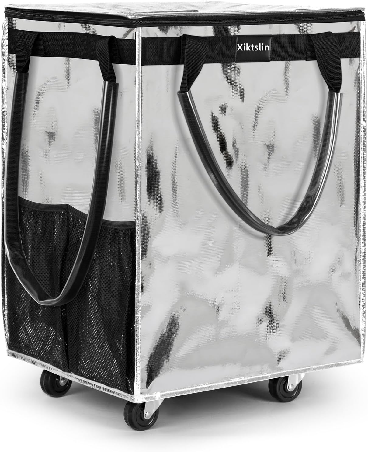 72L Foldable Grocery Bag on 4 Wheels – Heavy Duty 76lbs Capacity Rolling Tote with 360° Swivel Wheels & Water-Resistant Top