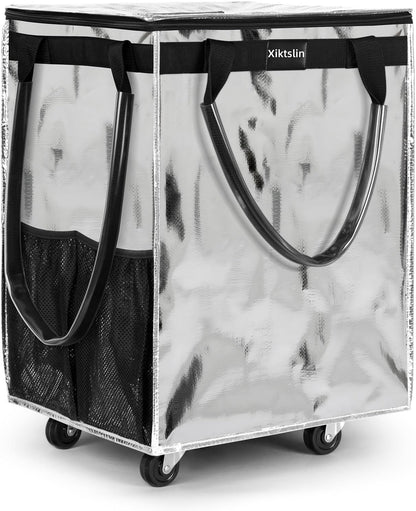 72L Foldable Grocery Bag on 4 Wheels – Heavy Duty 76lbs Capacity Rolling Tote with 360° Swivel Wheels & Water-Resistant Top