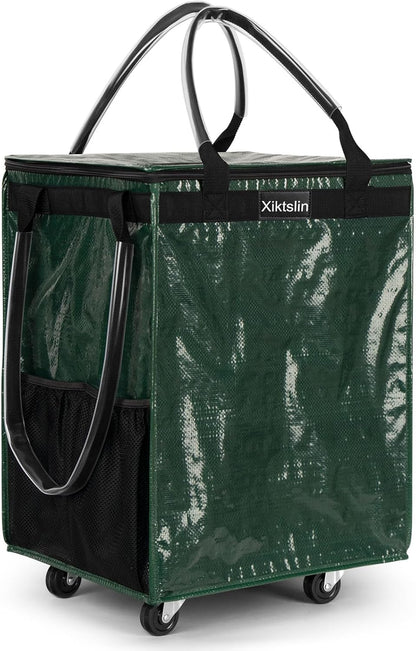 72L Foldable Grocery Bag on 4 Wheels – Heavy Duty 76lbs Capacity Rolling Tote with 360° Swivel Wheels & Water-Resistant Top