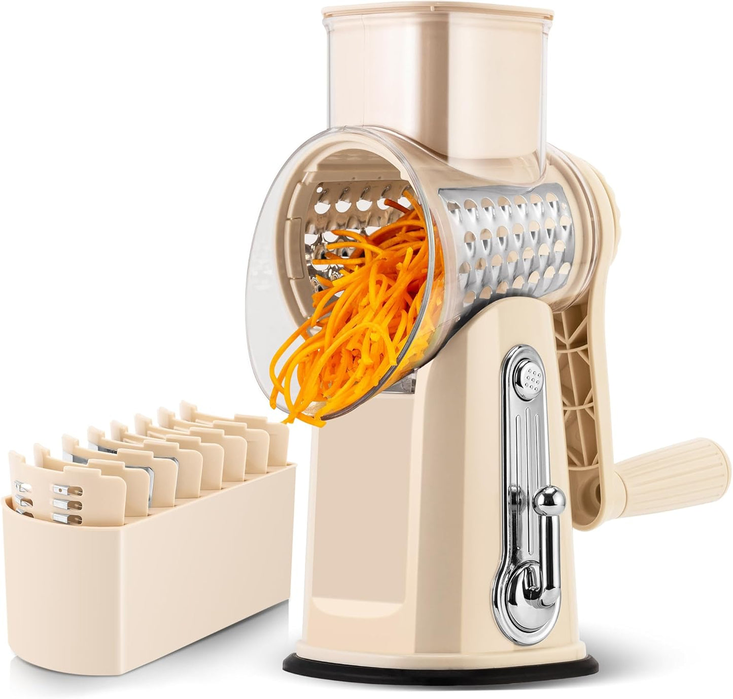 Hand Crank Cheese Grater – Multi-Purpose Rotary Shredder with 5 Blades & Suction Base