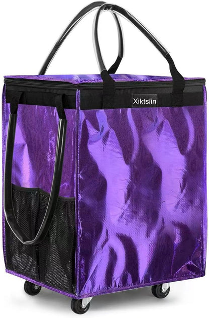 72L Foldable Grocery Bag on 4 Wheels – Heavy Duty 76lbs Capacity Rolling Tote with 360° Swivel Wheels & Water-Resistant Top
