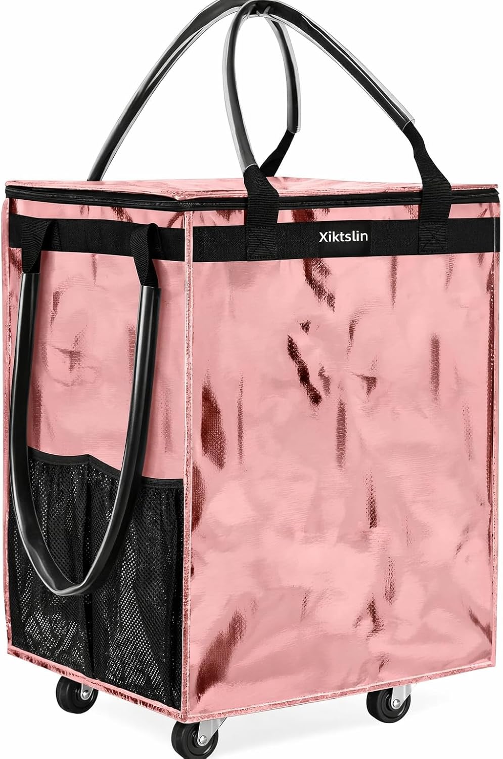 72L Foldable Grocery Bag on 4 Wheels – Heavy Duty 76lbs Capacity Rolling Tote with 360° Swivel Wheels & Water-Resistant Top