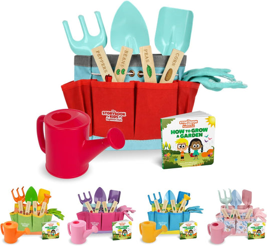 Matching Board Book - Green Kids Gardening Tools Set Includes Sturdy Tote Bag, Watering Can, Shovel, Rake, and Trowel - Garden Storybook - Kids Garden Tools- Easter Gifts for Toddler Age on up.