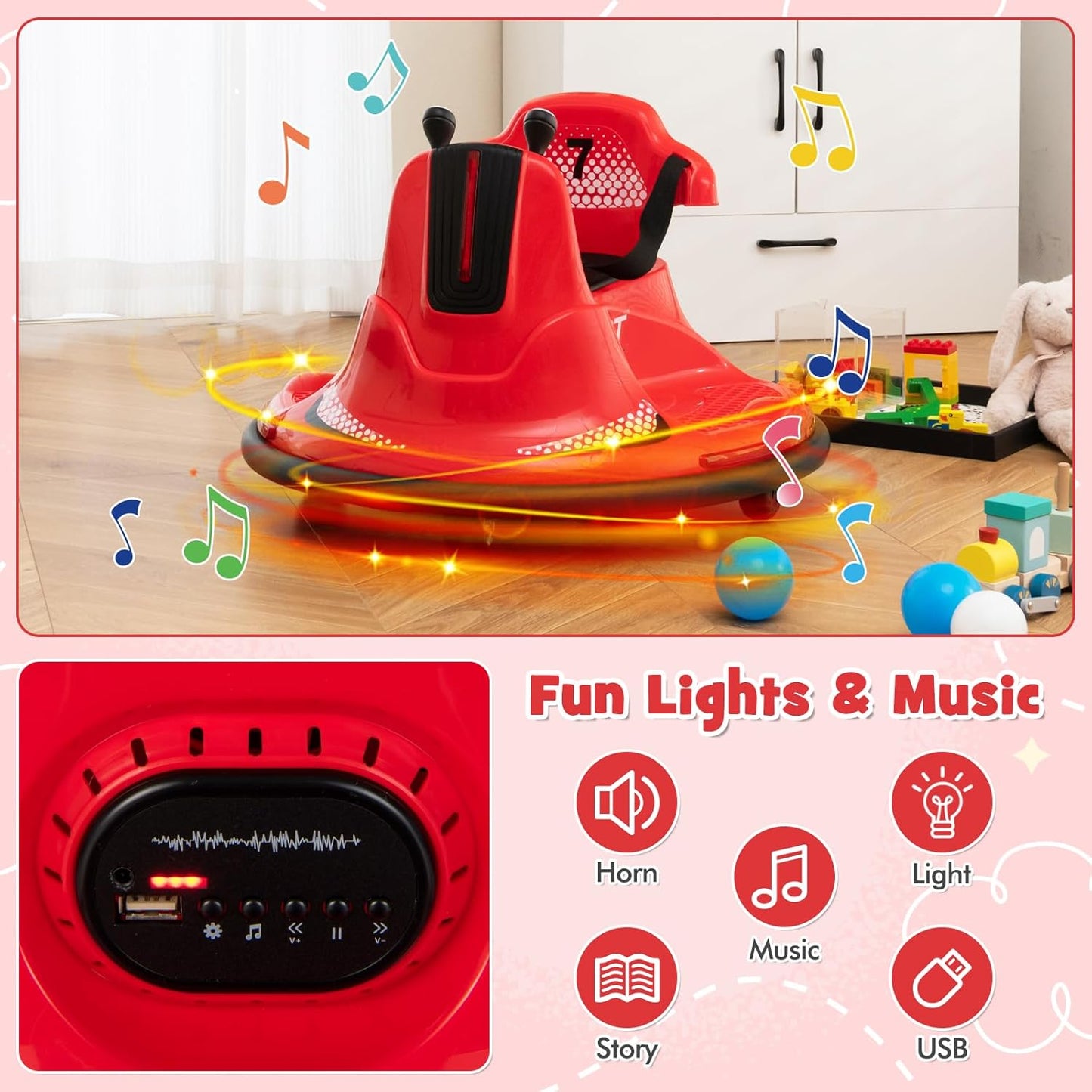 Costzon 12V Kids Ride On Bumper Car, Electric Bumper Car w/Dual Joysticks, Remote Control, 360° Spin, Slow Start Function, LED Lights & Fun Music, Adjustable Safety Belt, Soft Bumper (Pink)