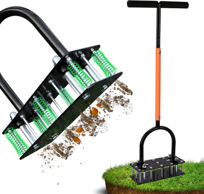 RIFPOD Patent Dual-Spring Lawn Aerator – 15-Spike Manual Plug Aerator for Compacted Soil, Adjustable Height (32"-35") Heavy Duty Core Aerator Tool