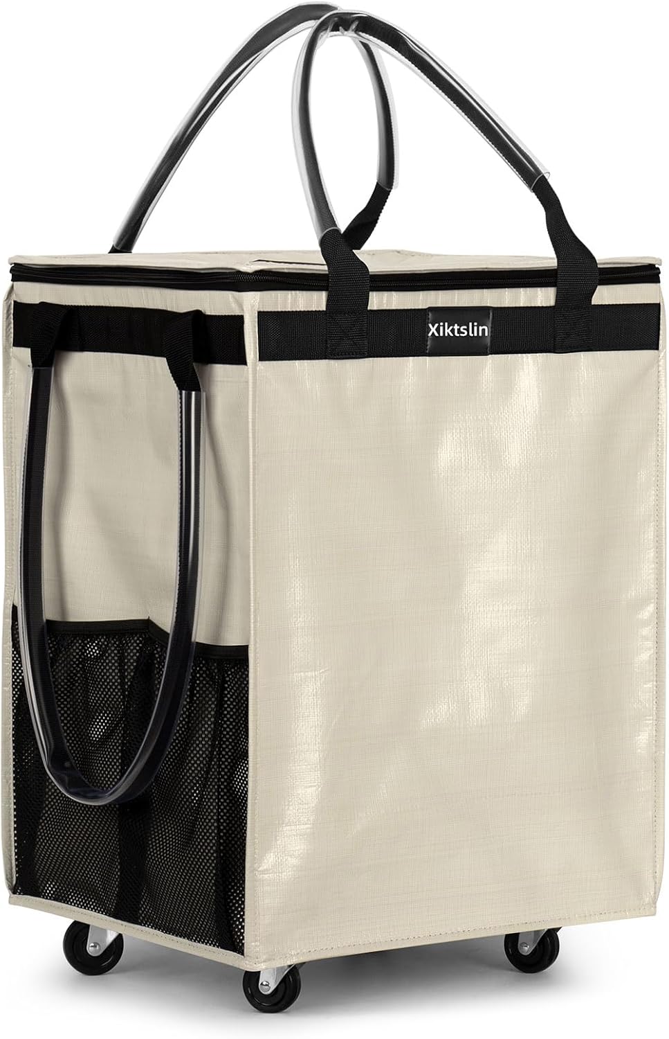 72L Foldable Grocery Bag on 4 Wheels – Heavy Duty 76lbs Capacity Rolling Tote with 360° Swivel Wheels & Water-Resistant Top