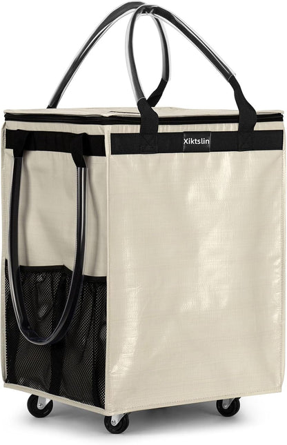 72L Foldable Grocery Bag on 4 Wheels – Heavy Duty 76lbs Capacity Rolling Tote with 360° Swivel Wheels & Water-Resistant Top