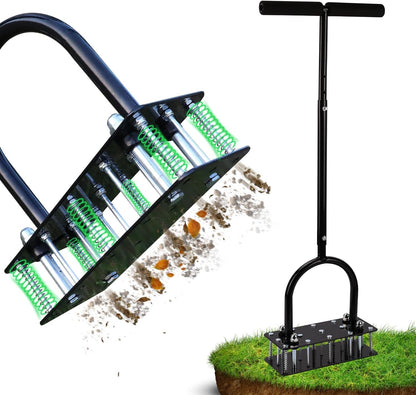 RIFPOD Patent Dual-Spring Lawn Aerator – 15-Spike Manual Plug Aerator for Compacted Soil, Adjustable Height (32"-35") Heavy Duty Core Aerator Tool