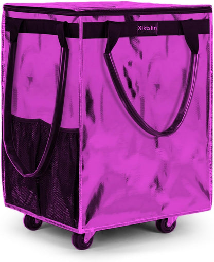 72L Foldable Grocery Bag on 4 Wheels – Heavy Duty 76lbs Capacity Rolling Tote with 360° Swivel Wheels & Water-Resistant Top