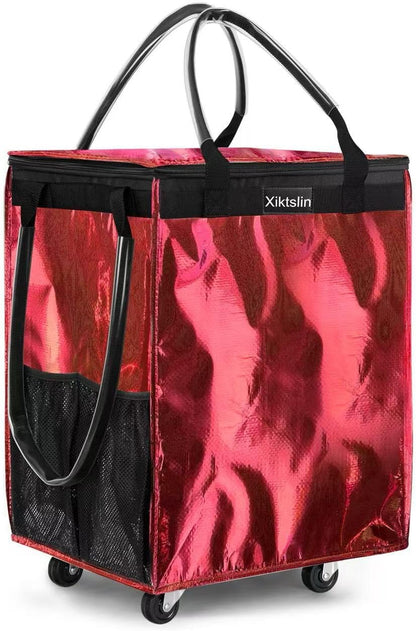 72L Foldable Grocery Bag on 4 Wheels – Heavy Duty 76lbs Capacity Rolling Tote with 360° Swivel Wheels & Water-Resistant Top