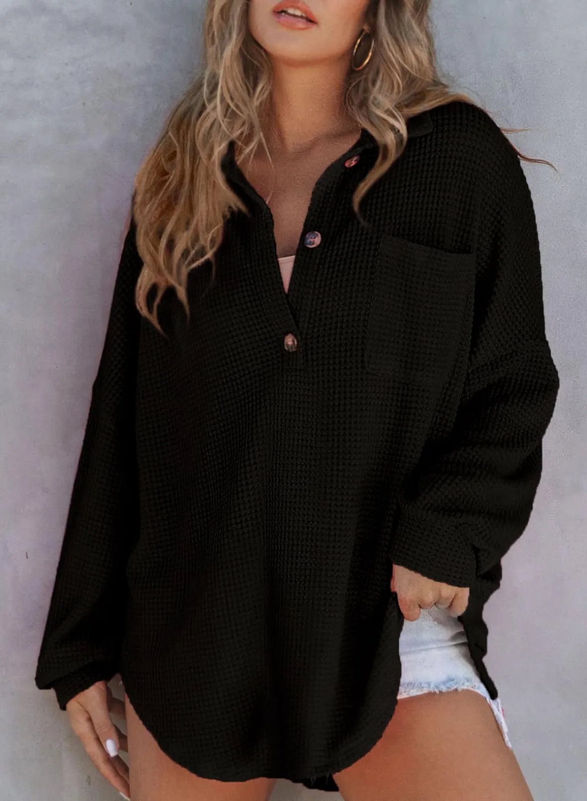 🔥LAST 4 HOURS 57% OFF -🔥Women's Waffle Knit Henley Button Shirt Jacket(BUY 2 FREE SHIPPING)