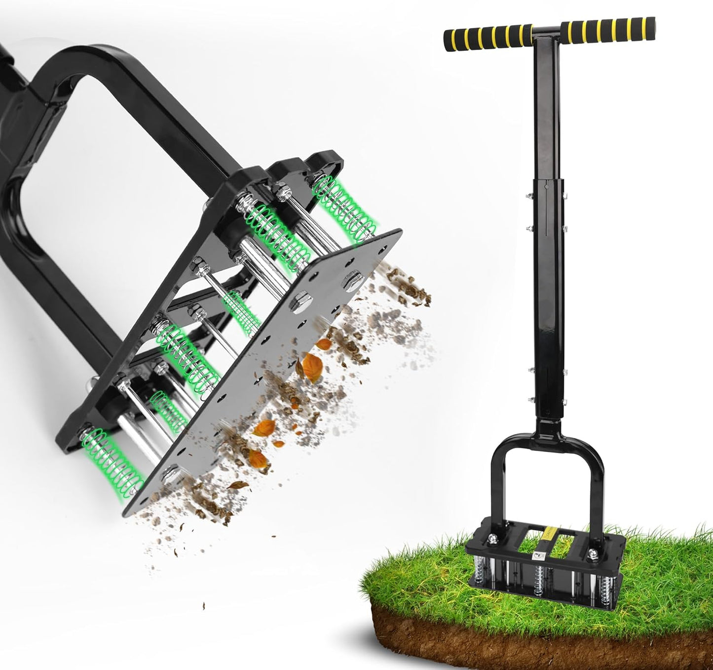 RIFPOD Patent Dual-Spring Lawn Aerator – 15-Spike Manual Plug Aerator for Compacted Soil, Adjustable Height (32"-35") Heavy Duty Core Aerator Tool