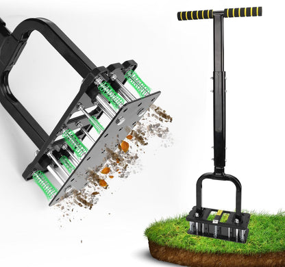 RIFPOD Patent Dual-Spring Lawn Aerator – 15-Spike Manual Plug Aerator for Compacted Soil, Adjustable Height (32"-35") Heavy Duty Core Aerator Tool