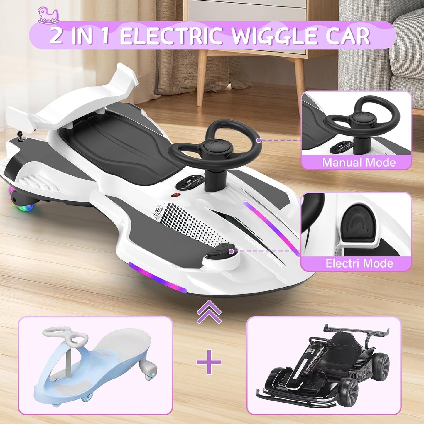 12V Electric Swing Car | Drift Kart with Bluetooth & LED Wheels 🏎️