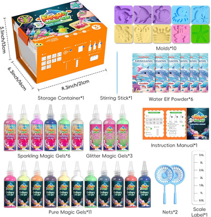 🎉Grand Opening – 50% Off!⏰️ Magic Water Elf Toy Kit for Kids – 20 Gels (11 Standard + 6 Glitter + 3 Glow) & 10 Molds, DIY Squishy Maker, Aqua Fairy Gel Toys, Night Glow & Glitter, Valentine Gifts for Boys & Girls 3+