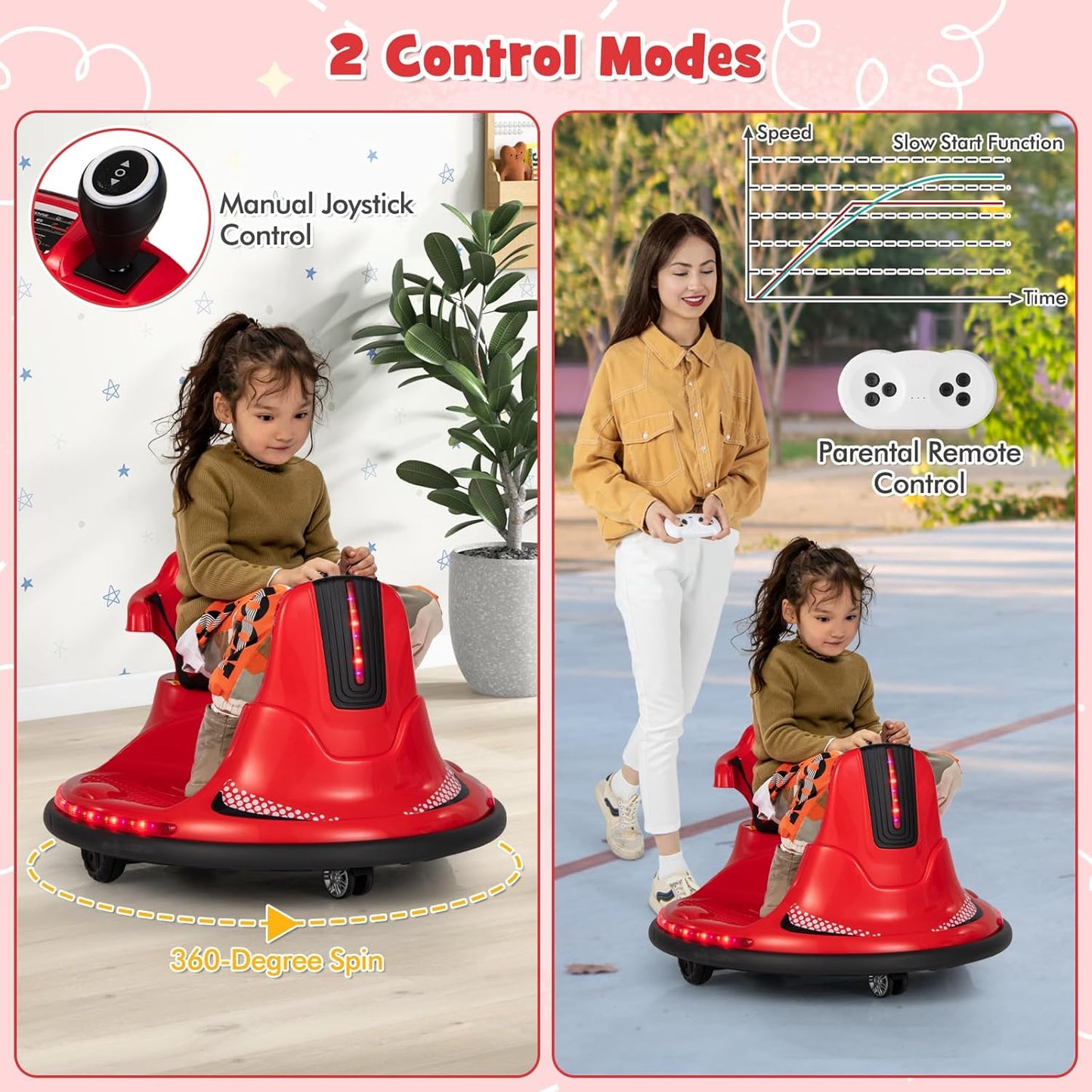 Costzon 12V Kids Ride On Bumper Car, Electric Bumper Car w/Dual Joysticks, Remote Control, 360° Spin, Slow Start Function, LED Lights & Fun Music, Adjustable Safety Belt, Soft Bumper (Pink)