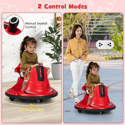 Costzon 12V Kids Ride On Bumper Car, Electric Bumper Car w/Dual Joysticks, Remote Control, 360° Spin, Slow Start Function, LED Lights & Fun Music, Adjustable Safety Belt, Soft Bumper (Pink)