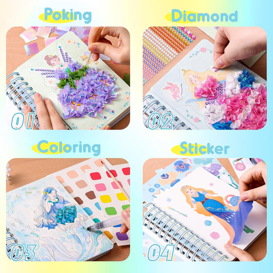 4 in 1 Poke Craft Kits for Girls, Magic Princess Crafts for Kids Ages 4-8, DIY Activity with Princess Stickers, Watercolor Paint, Diamond Art Gifts for 4 5 6 7 8+ Year Old Girls