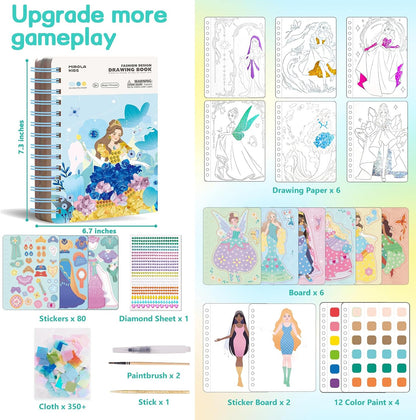 4 in 1 Poke Craft Kits for Girls, Magic Princess Crafts for Kids Ages 4-8, DIY Activity with Princess Stickers, Watercolor Paint, Diamond Art Gifts for 4 5 6 7 8+ Year Old Girls