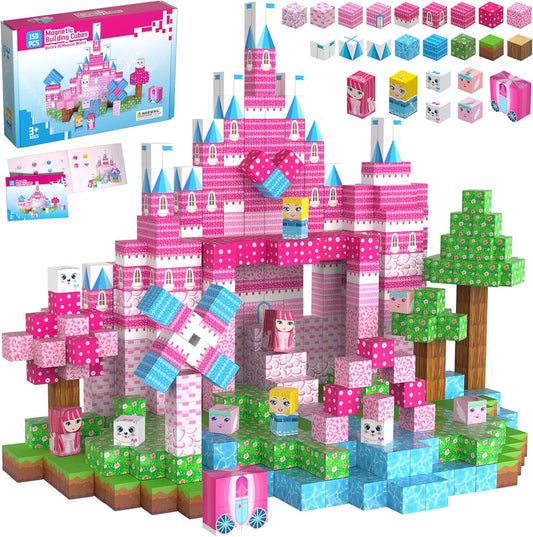 150PCS Magnetic Blocks, Magnet Building Cube Toy, Build 3D Pink Princess Castle Set for Girls