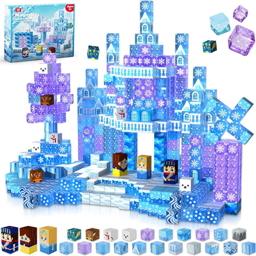 Magnetic Blocks - 100Pcs 0.8in Magnetic Building Block for Kids Ages 4-8, Transparent Magnet Block Blue Princess Castle, Magnet Cubes Tiles Princess Toy for Girl 3 4 5 6 7 8-12 Christmas Birthday Gift