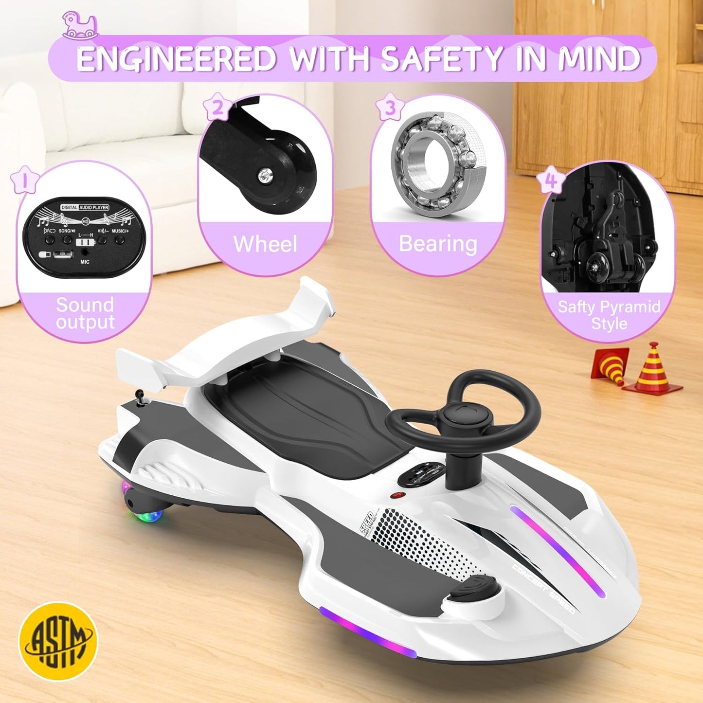 12V Electric Swing Car | Drift Kart with Bluetooth & LED Wheels 🏎️